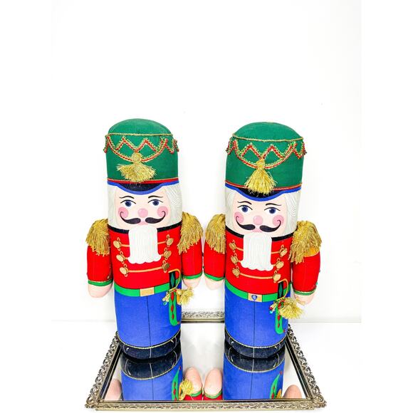 Vintage Pair of Christmas Nutcracker Soldier Bean Plush Figure Doorstop 17" - Picture 1 of 10